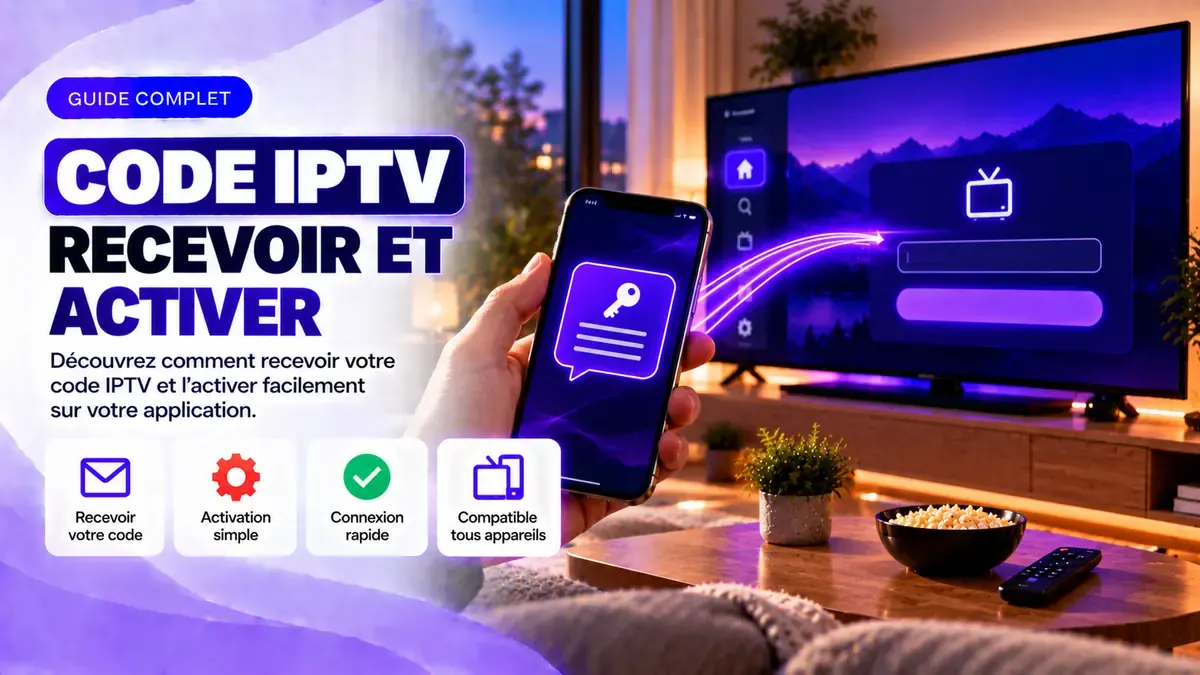 Bannière code IPTV recevoir et activer avec téléphone et icône de clé
