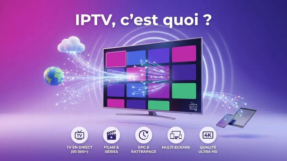 Bannière IPTV, c’est quoi : téléviseur avec chaînes en streaming et nuage internet