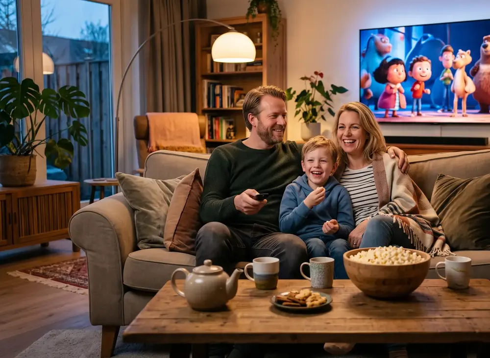 Famille souriante avec du pop-corn devant un film, avis sur l’abonnement IPTV