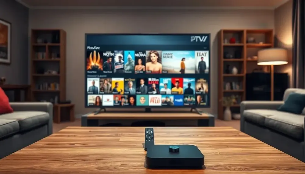 Téléviseur affichant une grille de films et séries en VOD avec l’abonnement IPTV 12 mois
