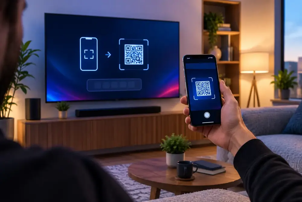 Activation d'un code IPTV avec un téléphone devant la télévision après la commande de l'abonnement IPTV