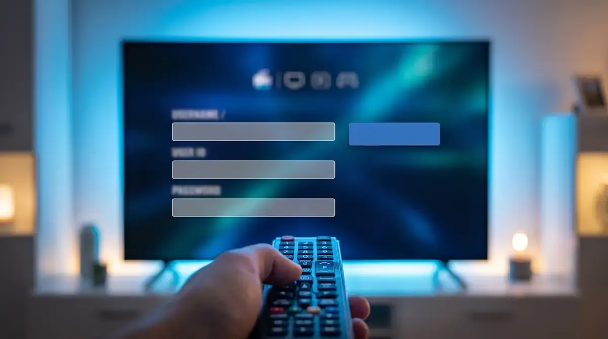 Télécommande devant un écran de connexion pour l’installation IPTV sur téléviseur