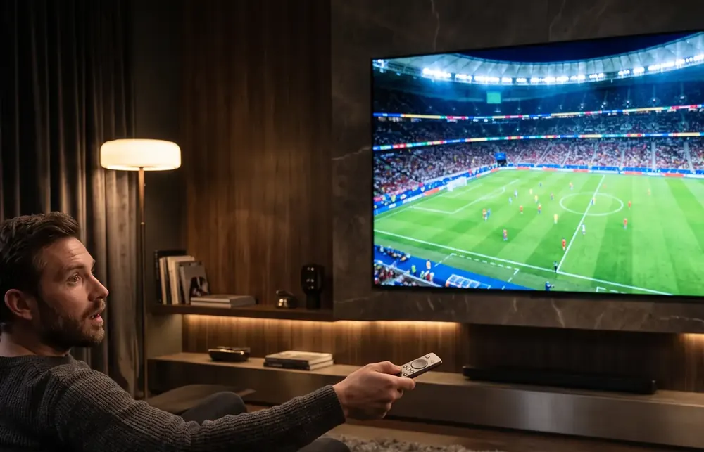 Homme pointant la télécommande vers un grand écran IPTV 4K montrant un stade