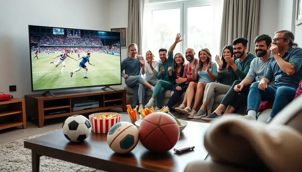 Amis qui regardent le football ensemble dans le salon grâce à l'abonnement IPTV France