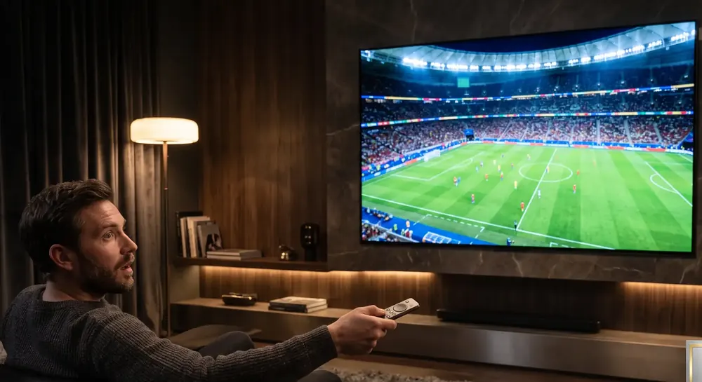 Homme regardant un match de football en 4K sur une grande télé murale avec son abonnement IPTV à Paris