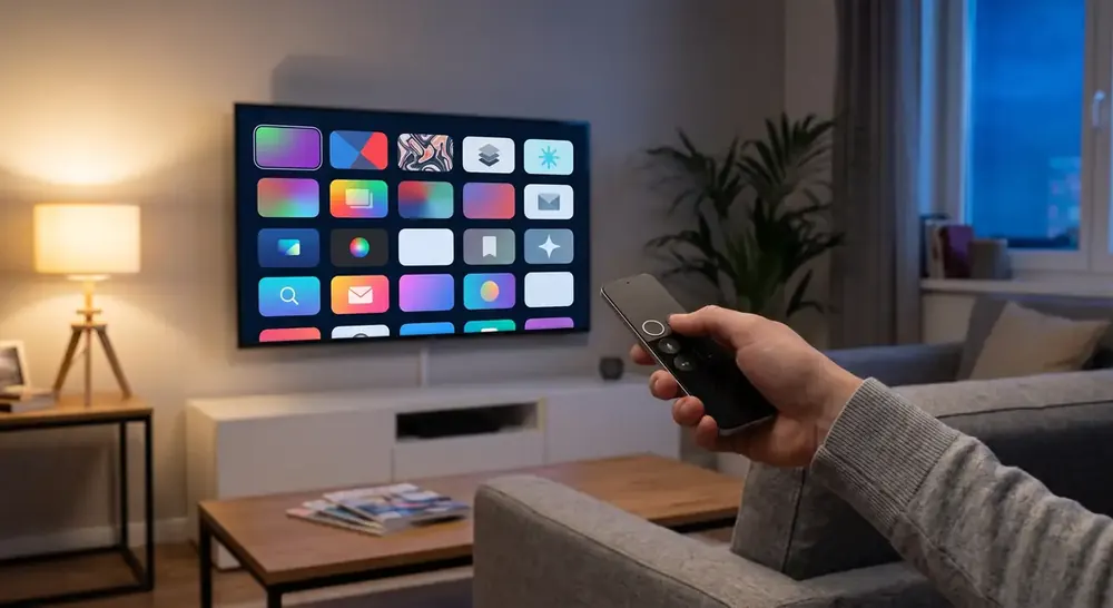 Main tenant une télécommande devant la grille d’applications d’une Smart TV pour l’IPTV à Nice