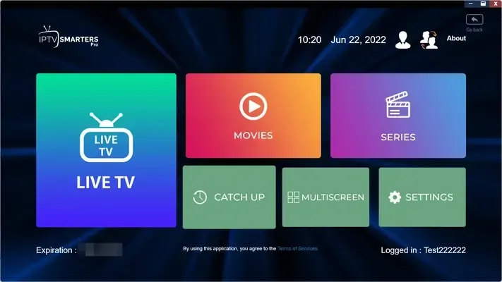Écran d'accueil d'IPTV Smarters Pro avec chaînes, films et séries de l'abonnement IPTV