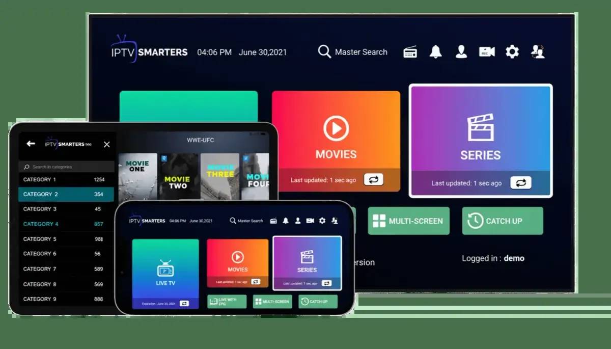 IPTV Smarters Pro sur téléviseur, tablette et téléphone pour les clients d’un revendeur IPTV